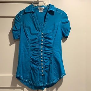 Vintage Mocha Western Blouse Deep V Button Detail